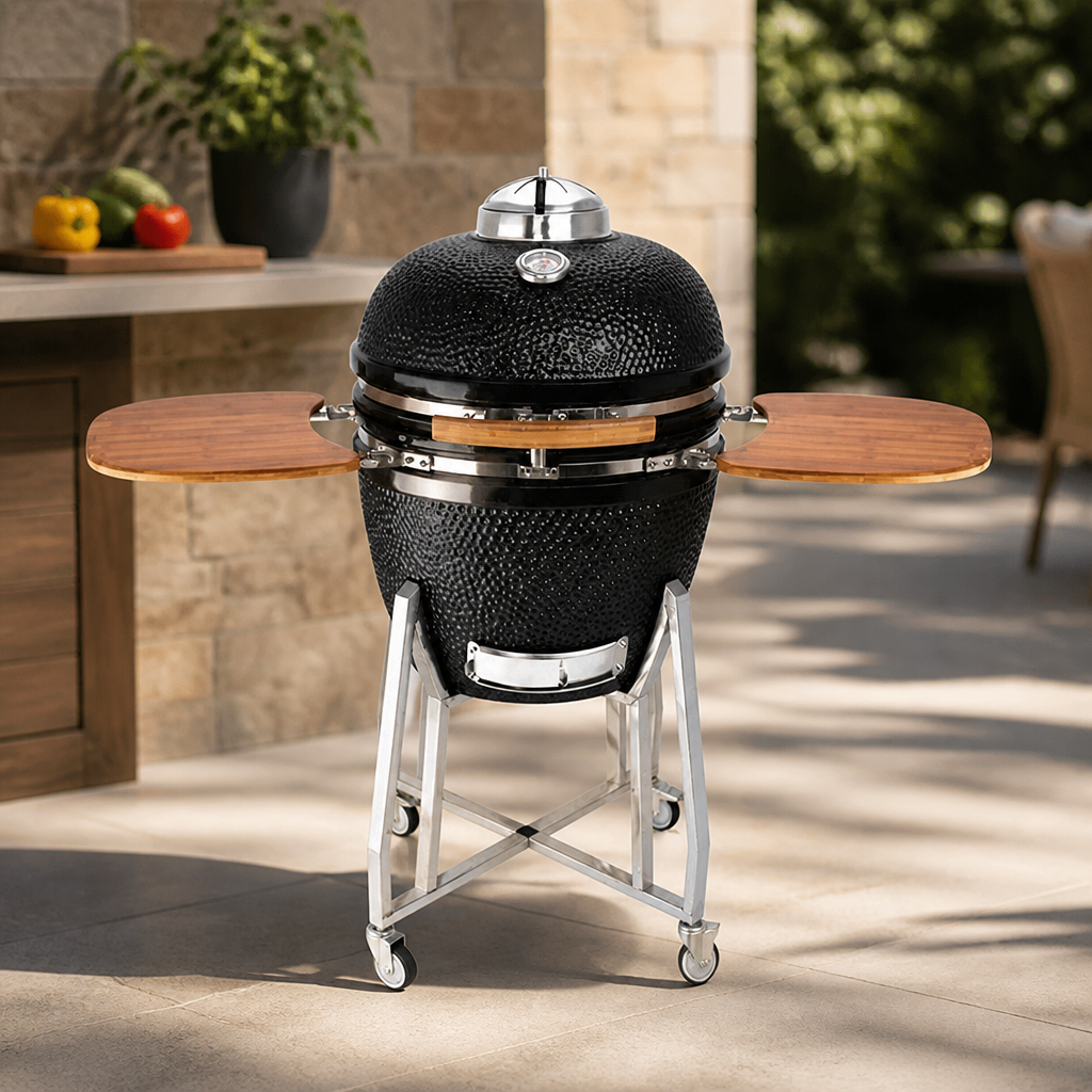 Commercial 22" Ceramic Kamado BBQ Grill with Mobile Trolley