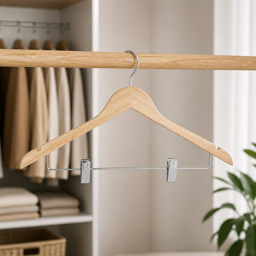 Commercial Wooden Hanger with Anti-Slip Clips - 10 Pack