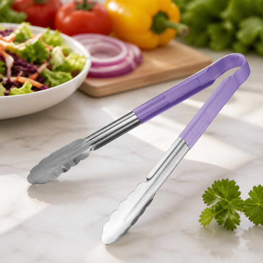 300mm purple colour coded serving tongs for catering