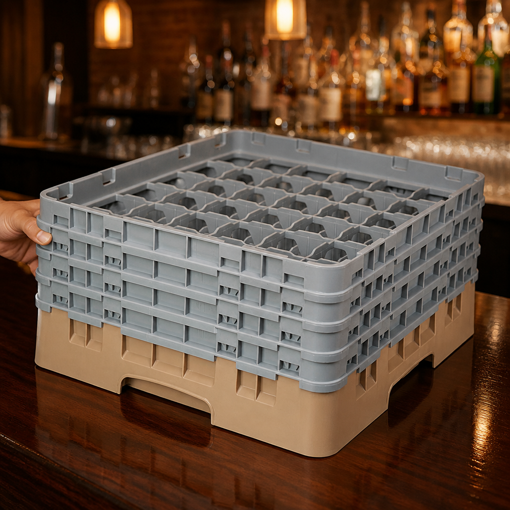 Commercial glass storage rack with 36 compartments, max height 215mm.