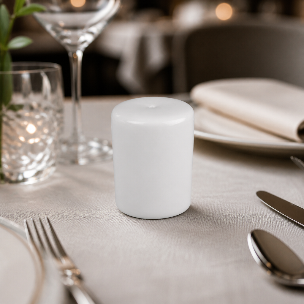Set of 12 commercial porcelain salt shakers for catering events