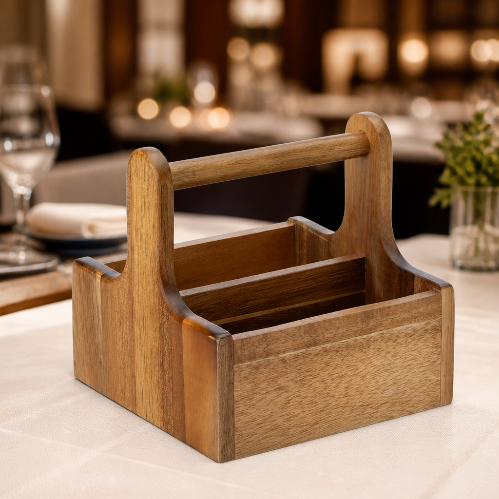 Set of two wooden condiment holders for catering use