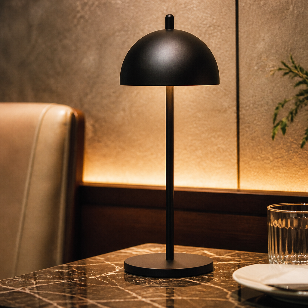 200mm cordless table lamp in black, ideal for commercial use