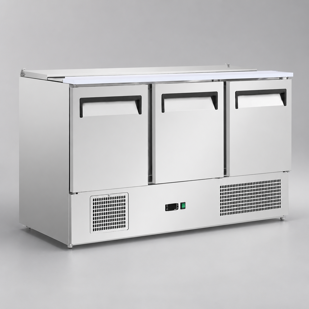 Commercial 3 Door Saladette Counter Fridge 368Ltr Prep Counter