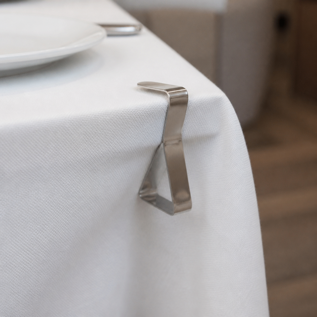 Stainless steel table clips for commercial table settings