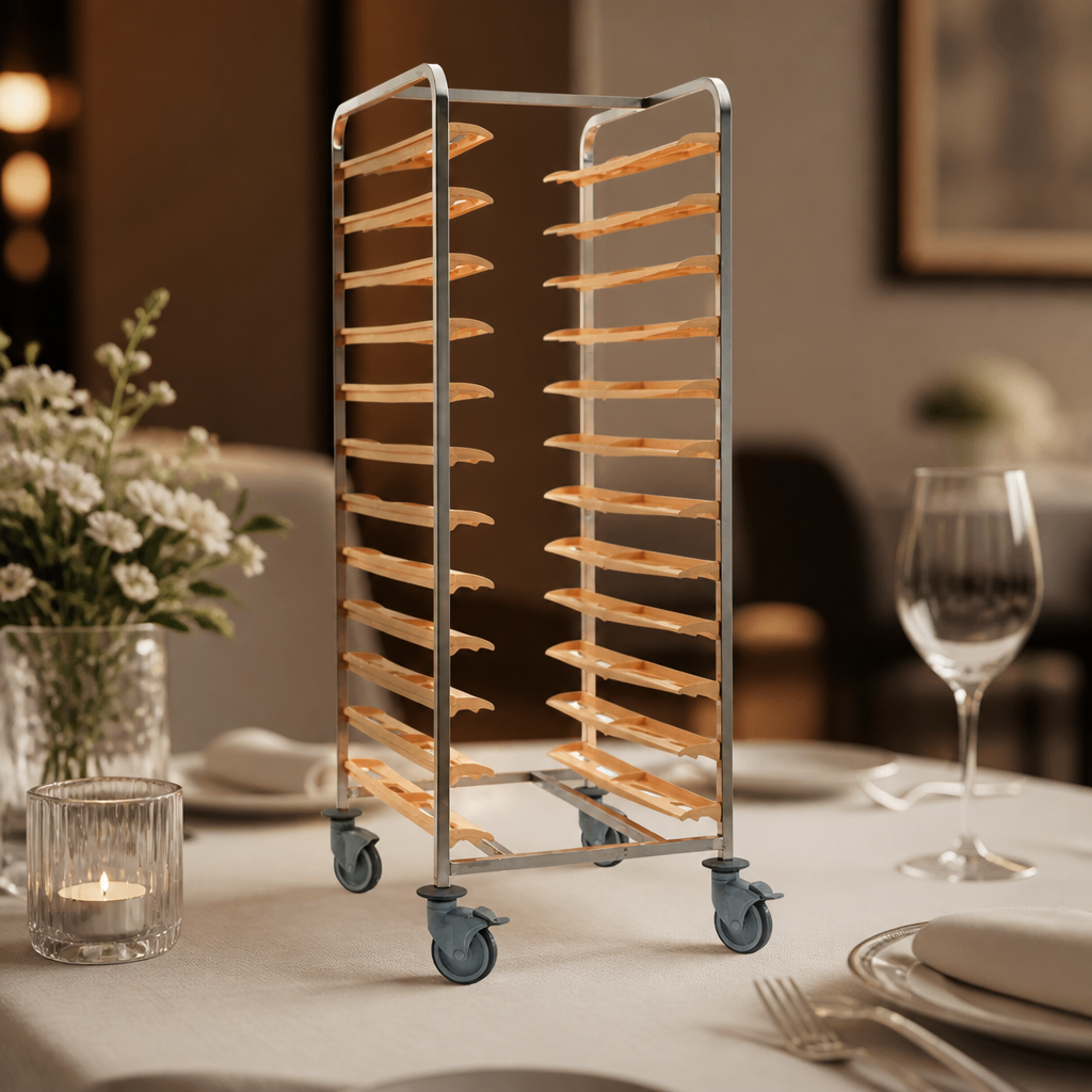Commercial 24-Shelf Tray Clearing Trolley in stainless steel