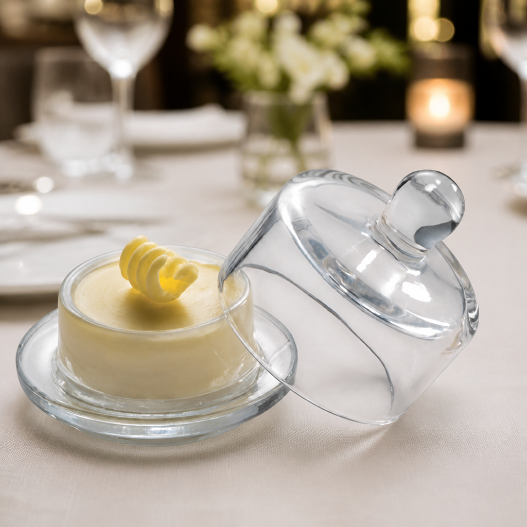Commercial glass butter dish with cloche lid, 20ml capacity