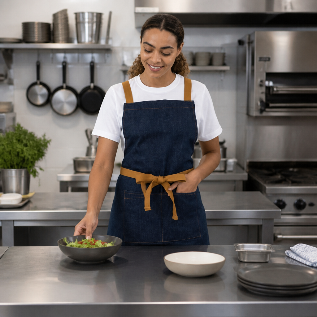 Commercial Cross-Back Bib Apron in blue polycotton