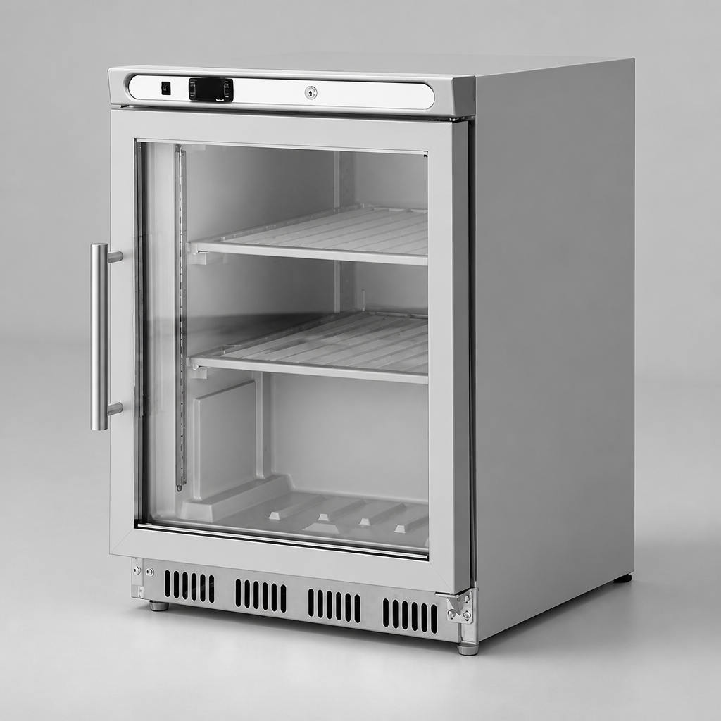 Commercial Glass Door Freezer 129Ltr Stainless Steel Display