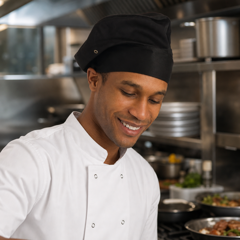 Black Chef Toque Hat Adjustable Size for Commercial Kitchens