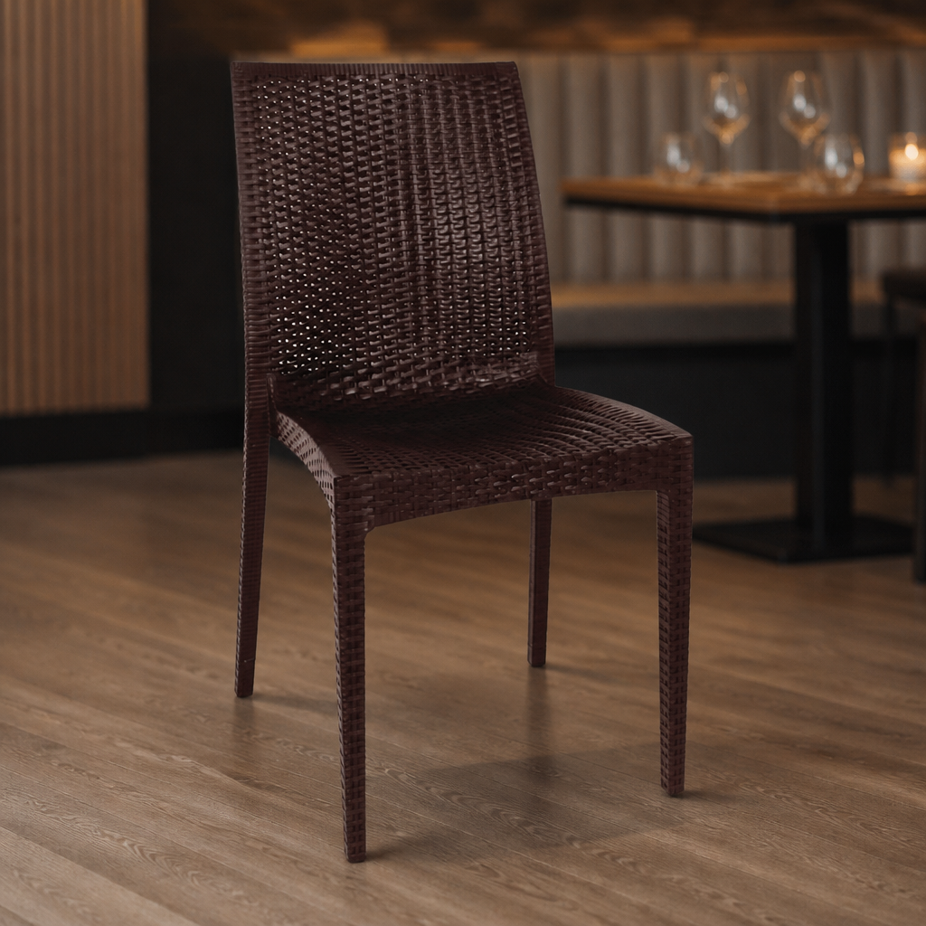 Commercial stackable rattan bistro side chairs in brown, 4 pack