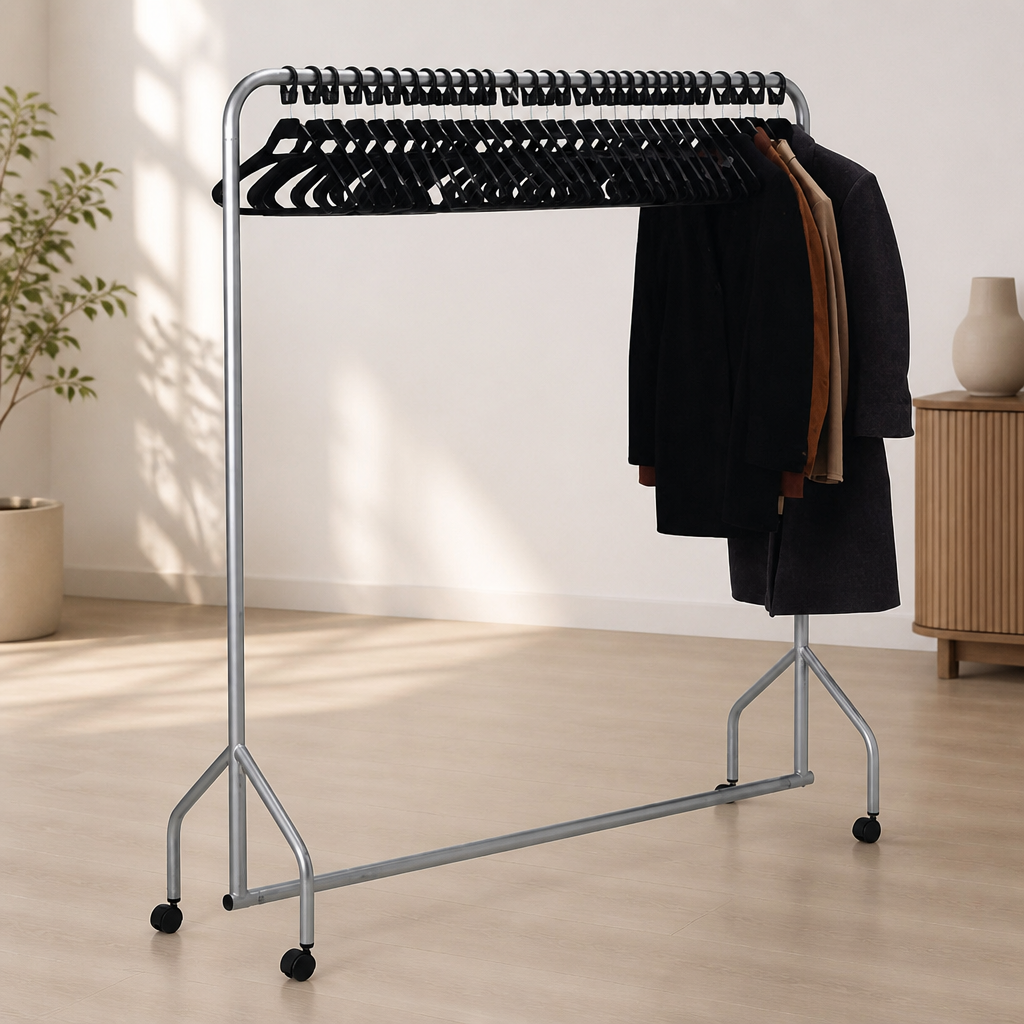 Commercial Metal Garment Rail with 30 Hangers and Castors 1740mm High