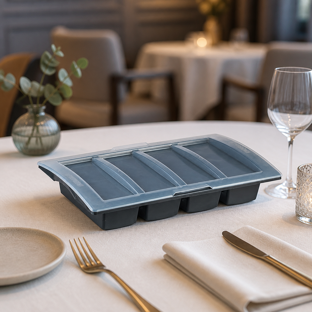 1/1 GN Commercial Cutlery Tray with Lid Dark Grey 4 Compartments