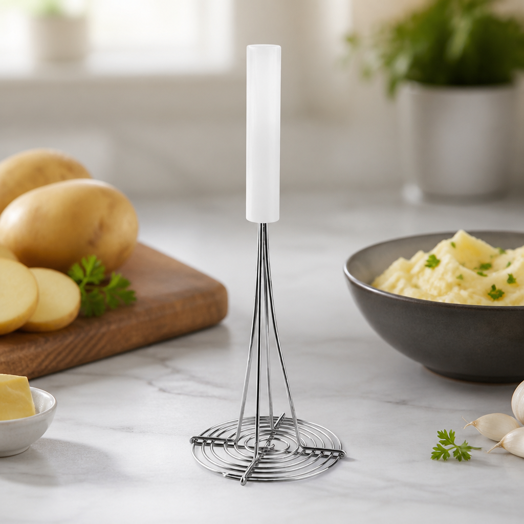 Commercial potato masher with tinned wire head and nylon handle