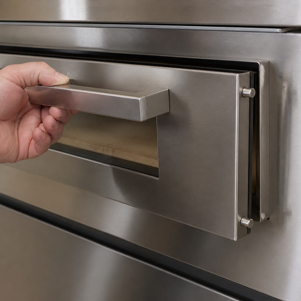 Commercial pizza oven door assembly in stainless steel, 95.1cm high