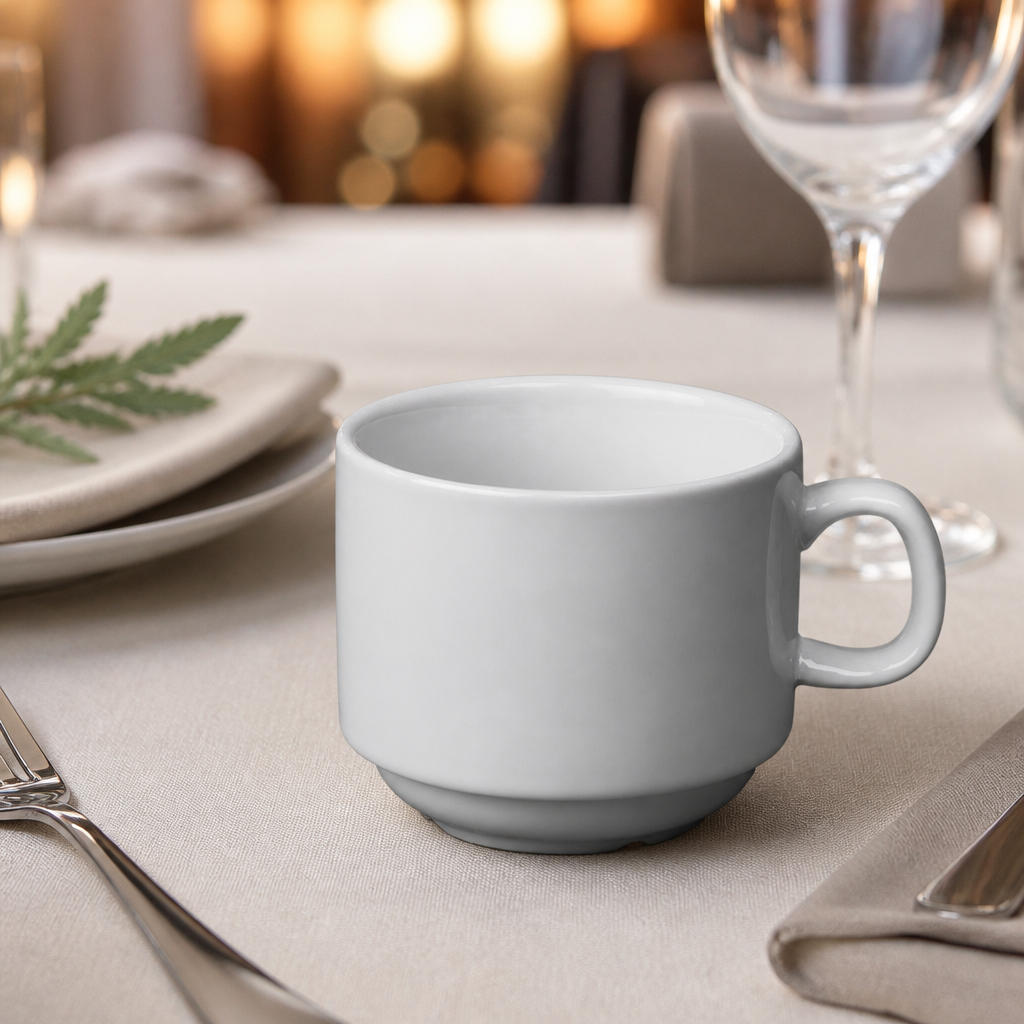 Commercial stacking tea cups 200ml porcelain whiteware 12 pack