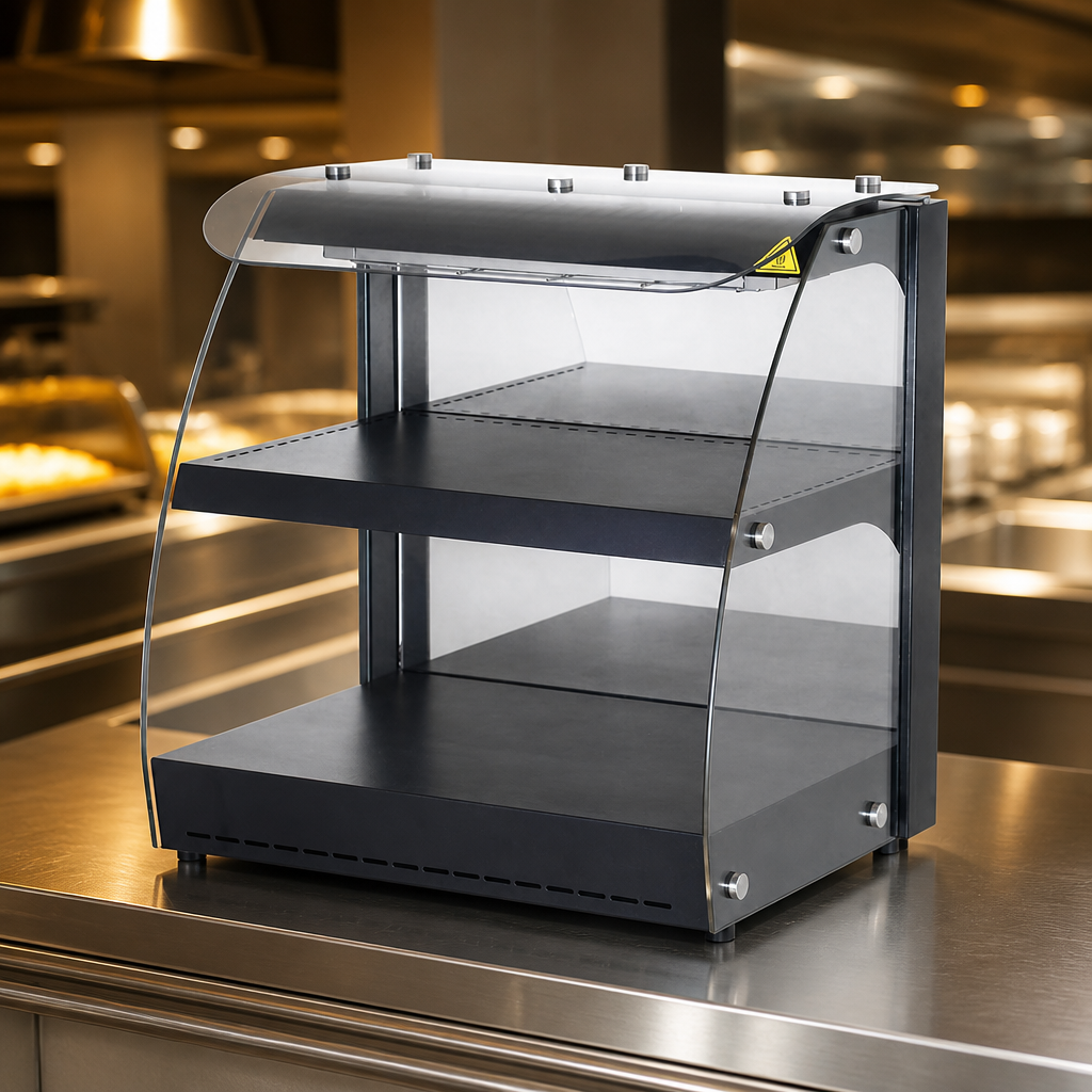 Commercial self-serve heated display unit for 4 half-size trays
