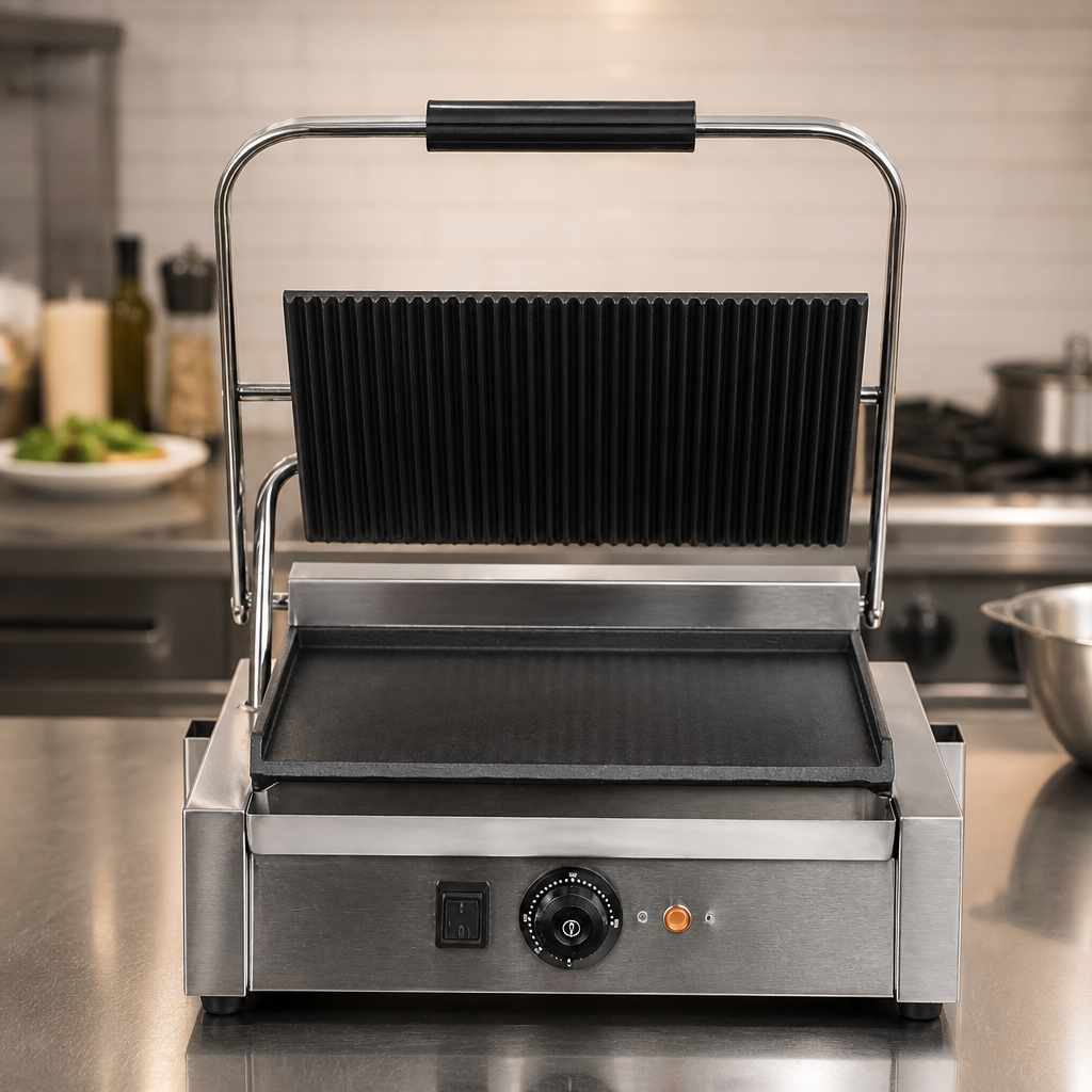 Commercial Contact Grill with Ribbed Top & Flat Base Plates