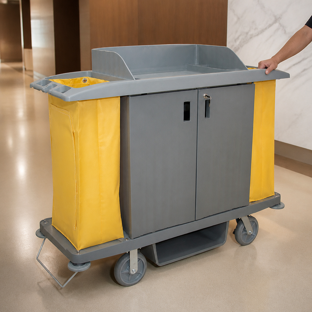 Commercial housekeeping trolley with lockable doors and 90 litre capacity