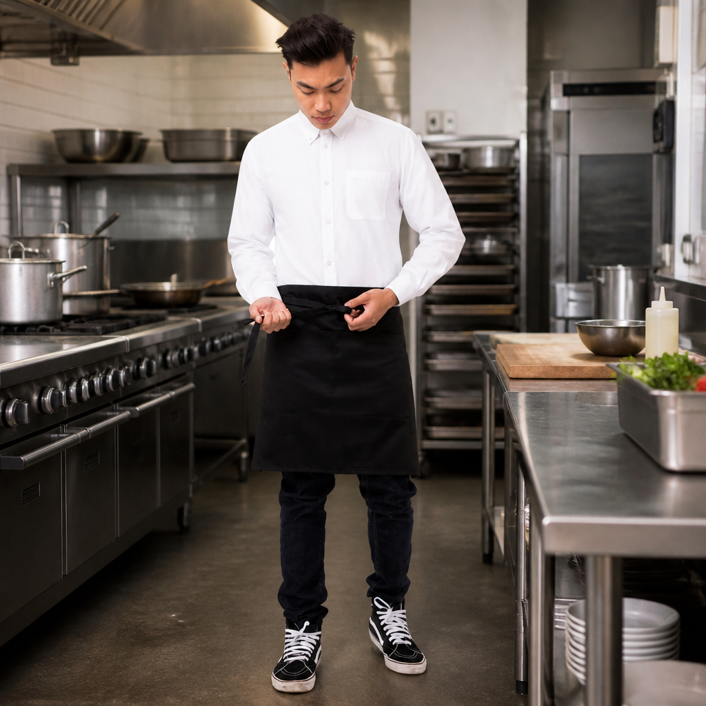 Commercial Half Bistro Apron Black 700x480mm Polycotton