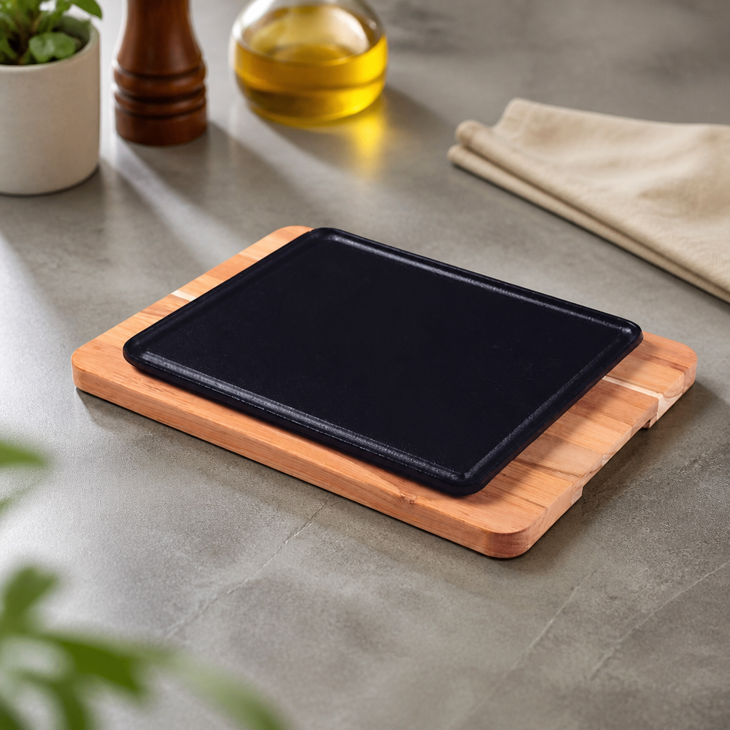 Pre-Seasoned Cast Iron Sizzler Plate 350x250mm with Teak Base