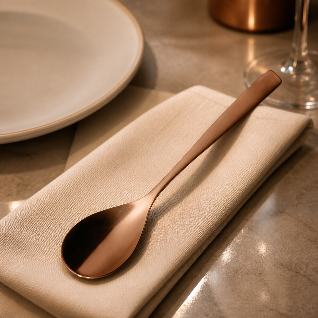 Set of 12 Copper Tablespoons for commercial dining use.