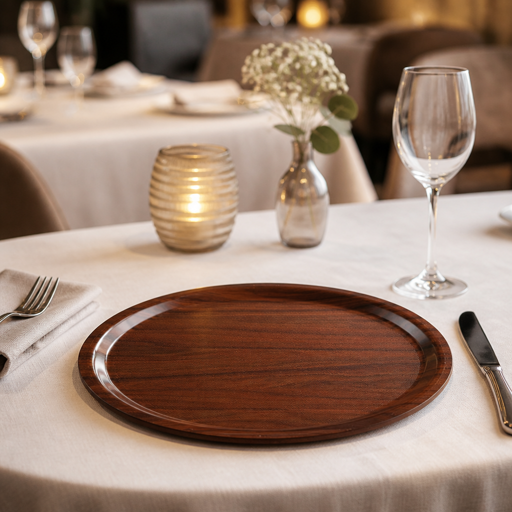 380mm Walnut Round Tray - 24 Pack for commercial use