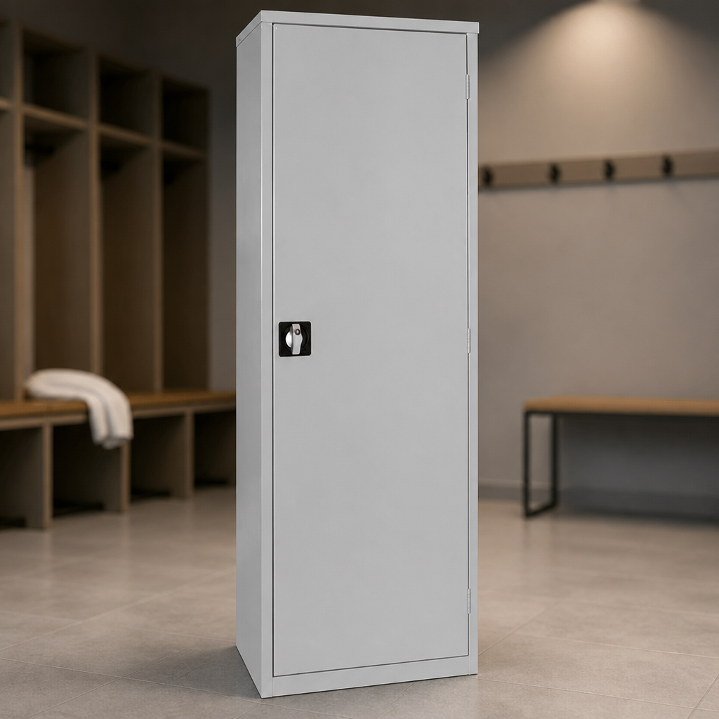 Commercial lockable cupboard with 3 adjustable shelves in grey