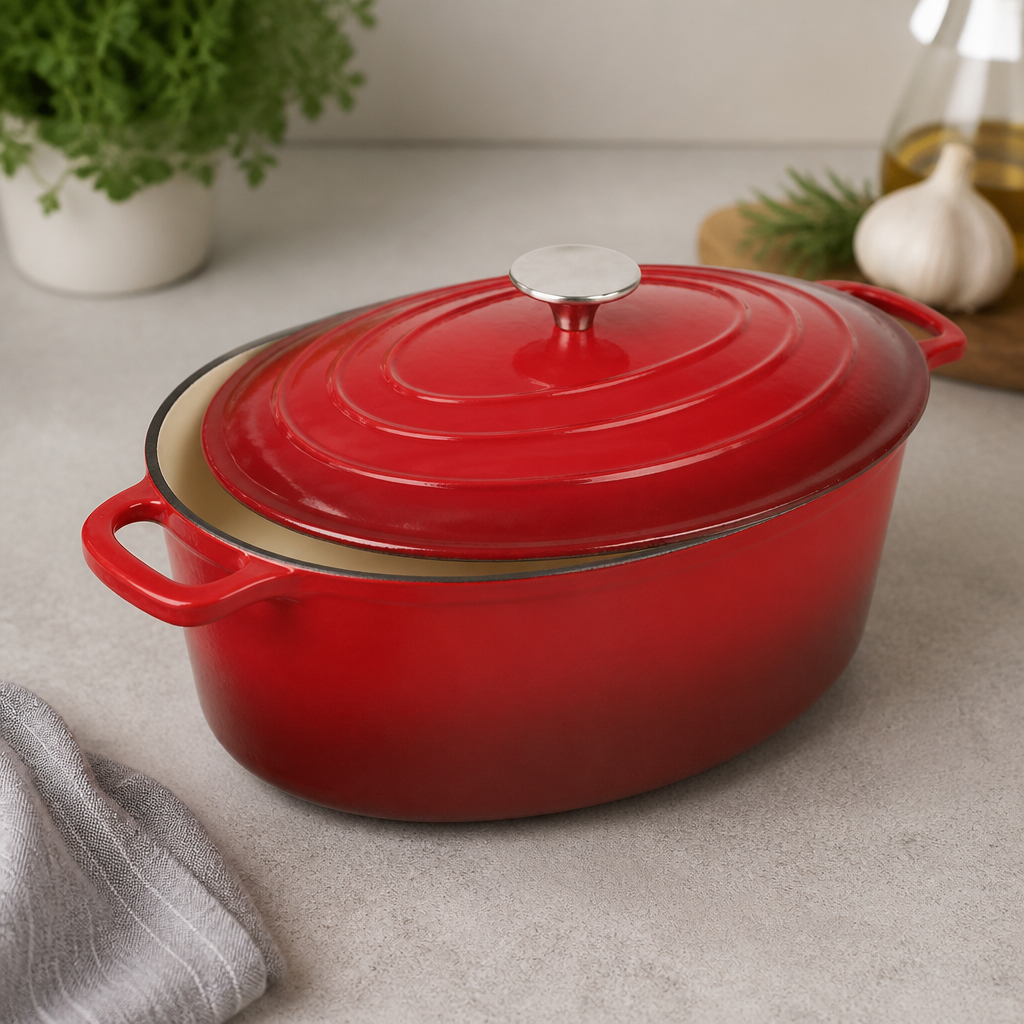 5Ltr Cast Iron Oval Casserole Dish Red Commercial Cookware