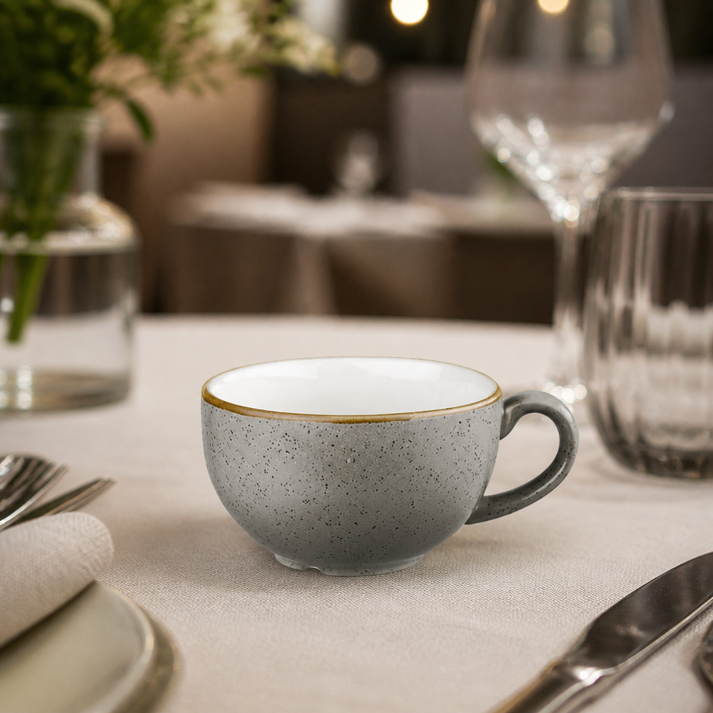 Commercial 12oz cappuccino cups in peppercorn grey, 12 pack