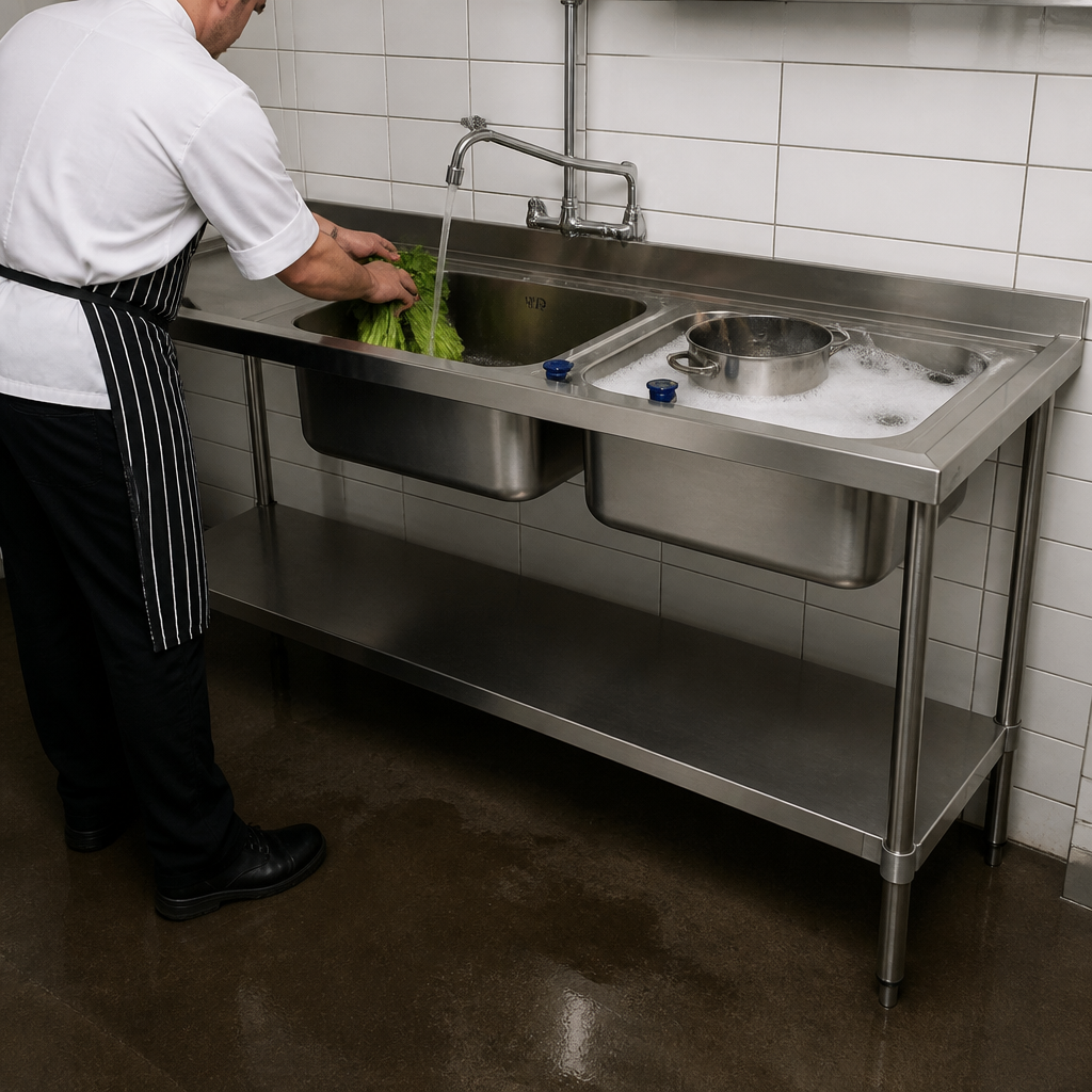 Commercial Double Sink Left Hand Drainer 1800mm Stainless Steel