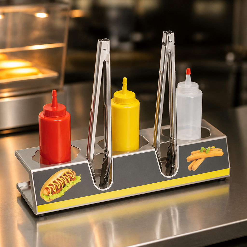 Commercial Hot Dog Sauce Station with tongs and stainless steel design