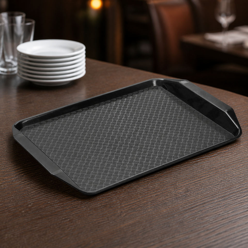 Black rectangular handled commercial plastic tray 435x300mm