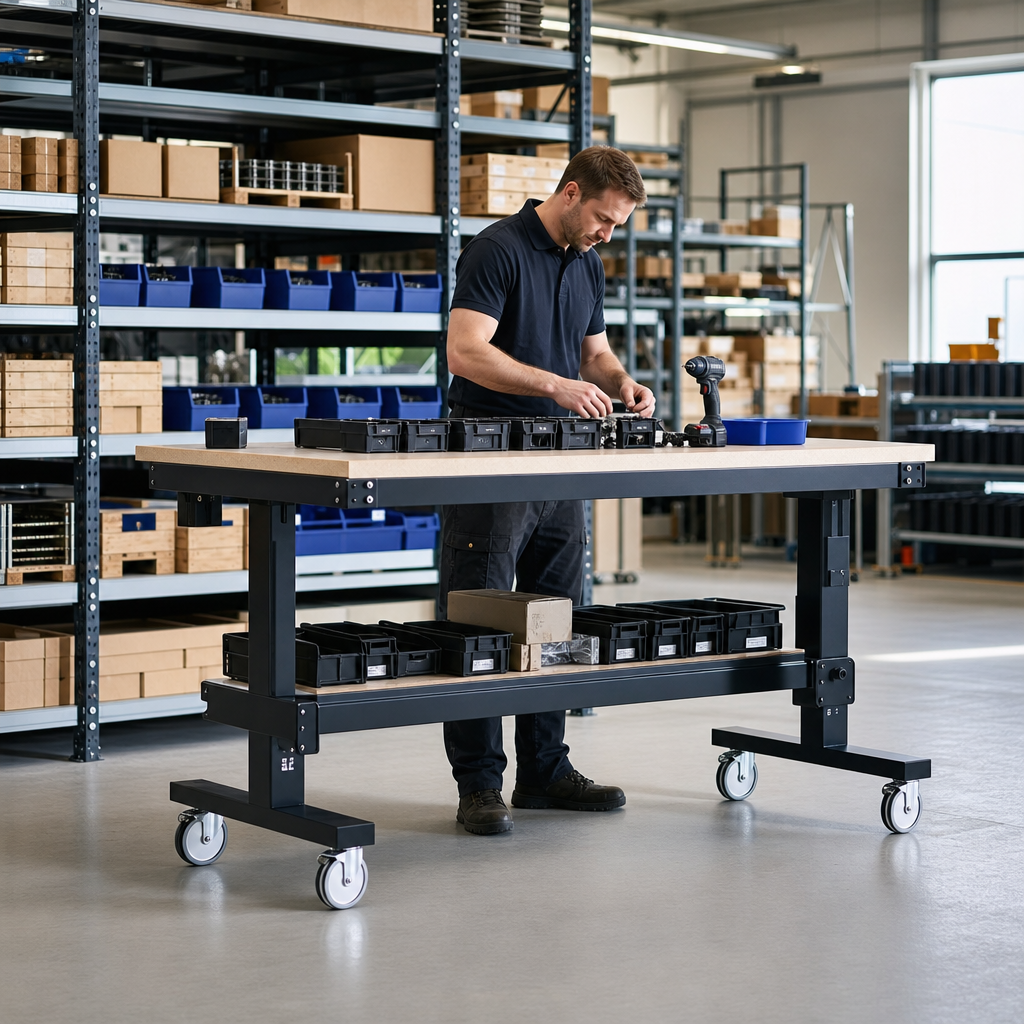 Adjustable Height Mobile Workbench with Lino Worktop 2000 x 750mm