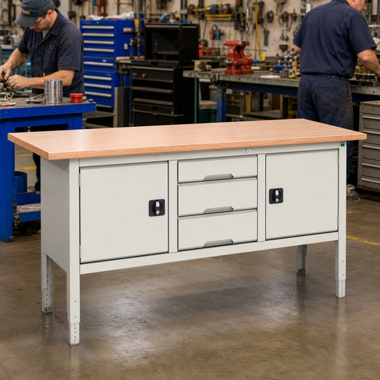 Adjustable Steel Workbench with Drawer and Cabinet 1750 x 600mm