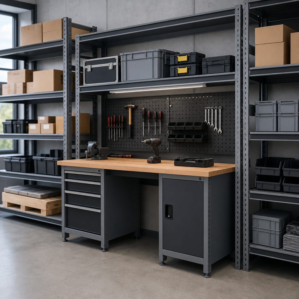 Adjustable Steel Workbench with Drawer and Cabinet 1750 x 600mm
