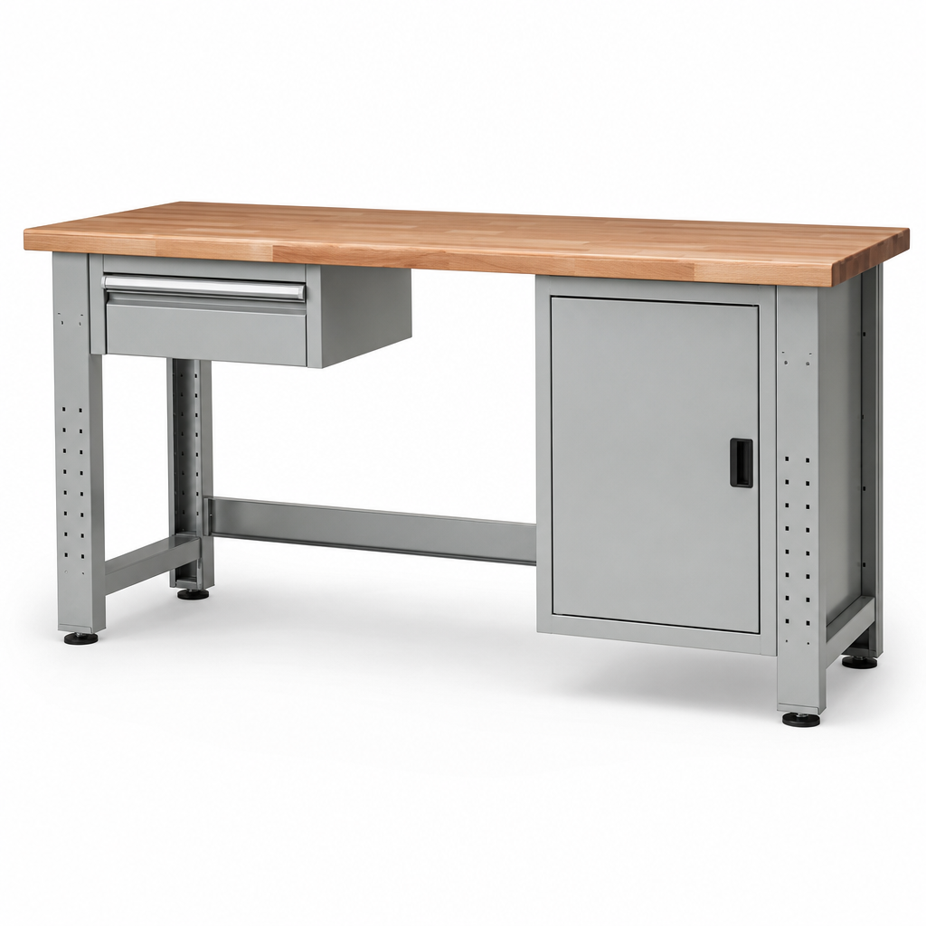Adjustable Steel Workbench with Drawer and Cabinet 1750 x 600mm