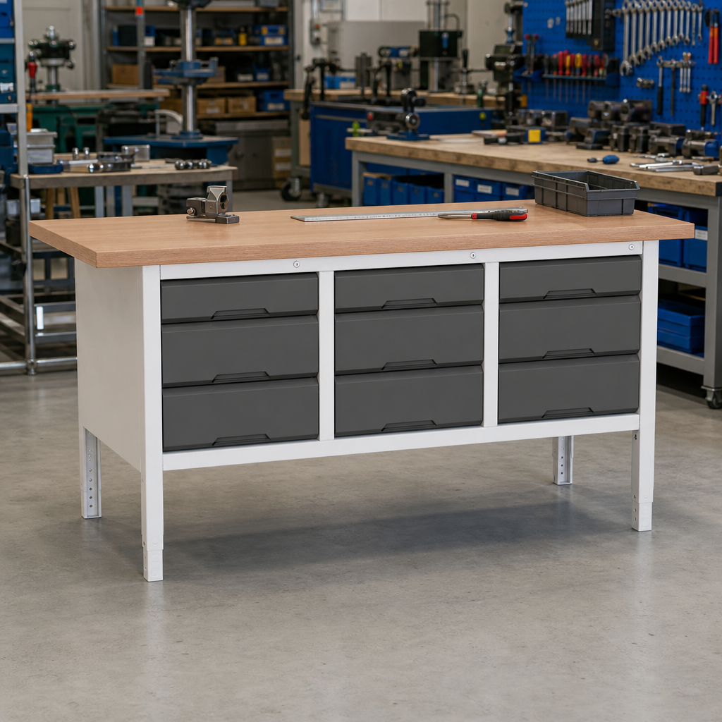 Adjustable Workbench with 3 Drawer Units 830-930x1750x600mm
