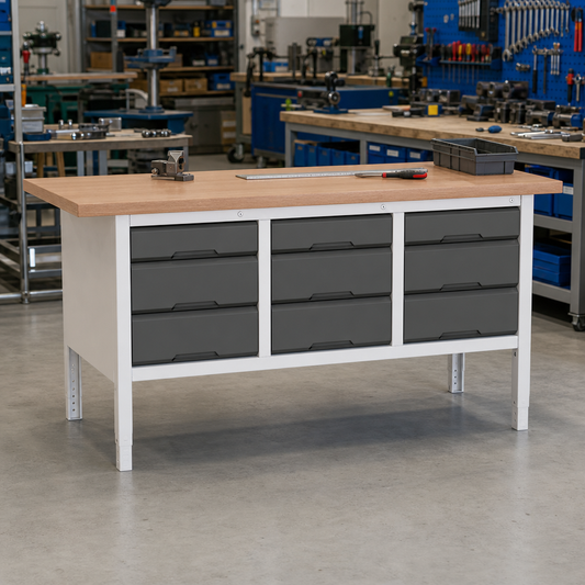 Adjustable Workbench with 3 Drawer Units 830-930x1750x600mm
