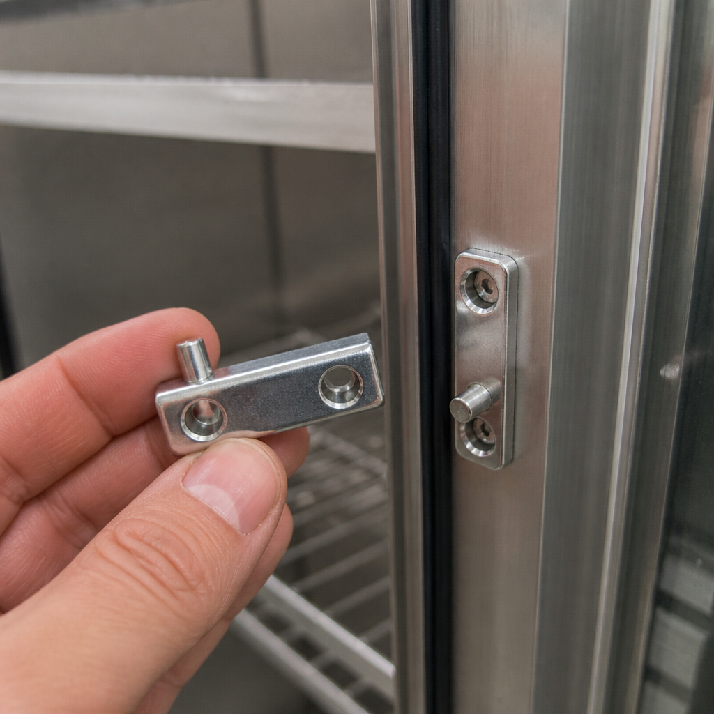 Commercial replacement door hinge for food merchandiser