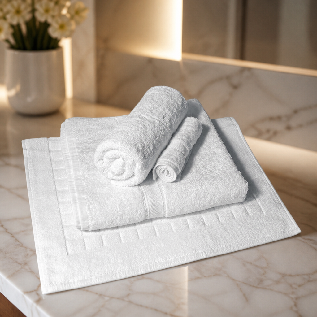 Luxury Cotton Spa Towel Set of 4 including face cloth, hand towel, and bath mat.