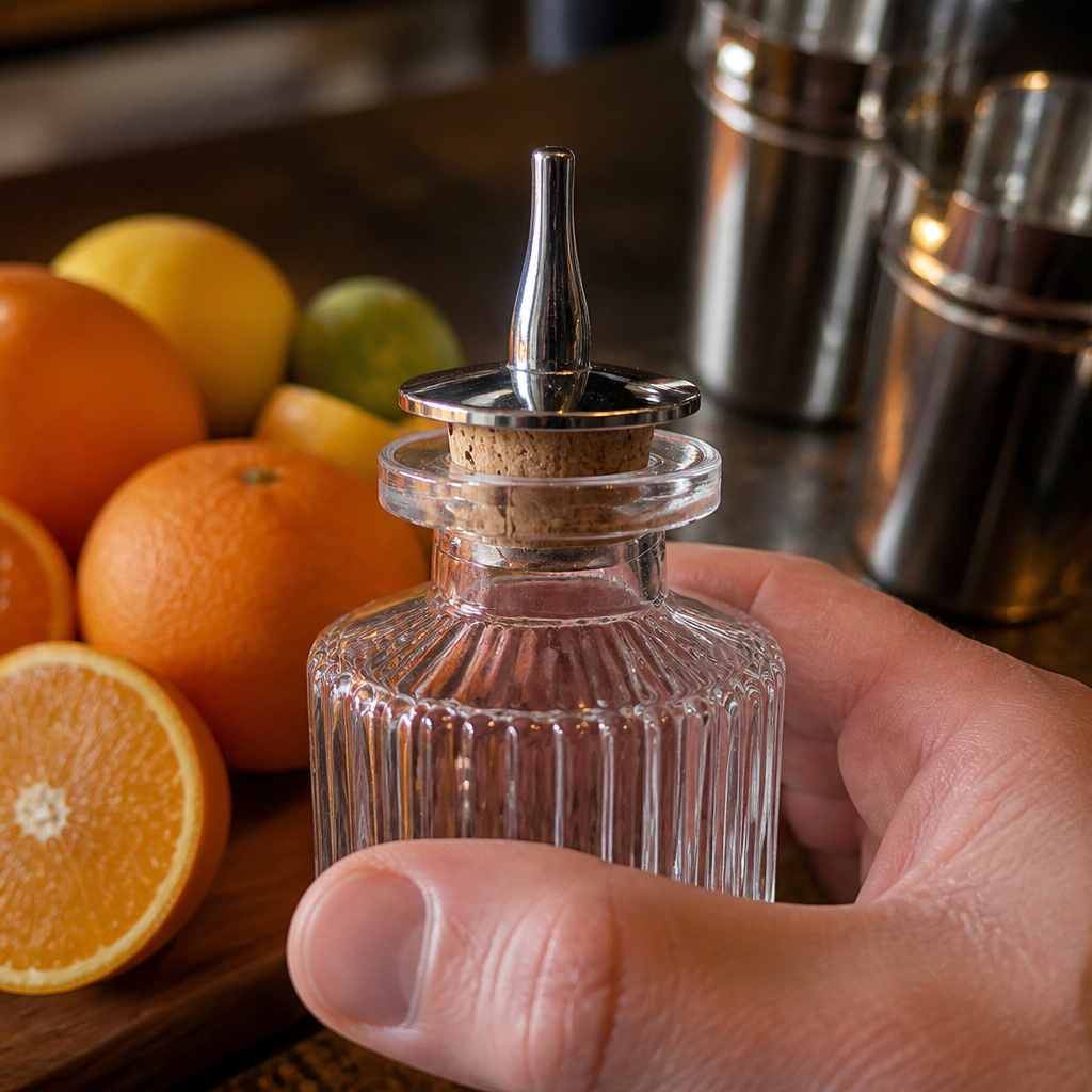 Commercial chrome-plated spout for bitters bottles