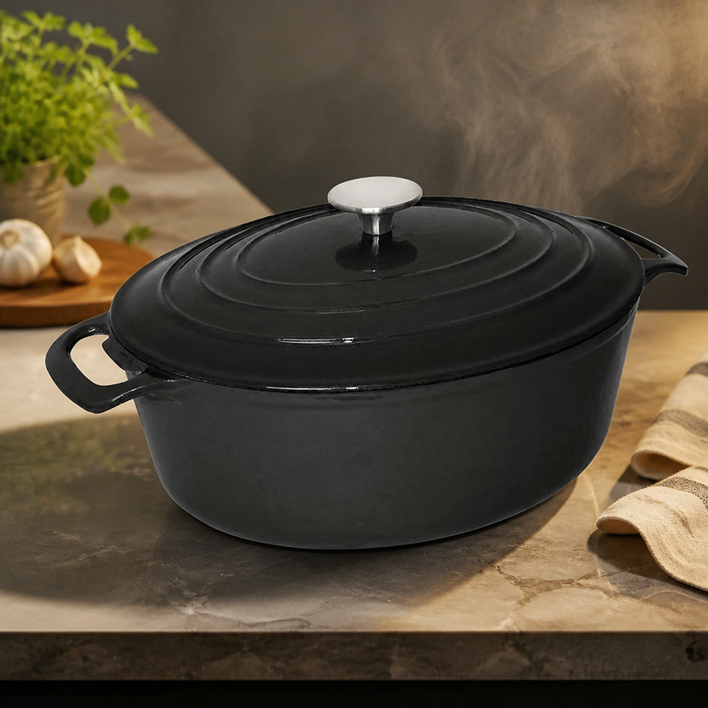 Commercial Cast Iron Oval Casserole Dish 6Ltr Black