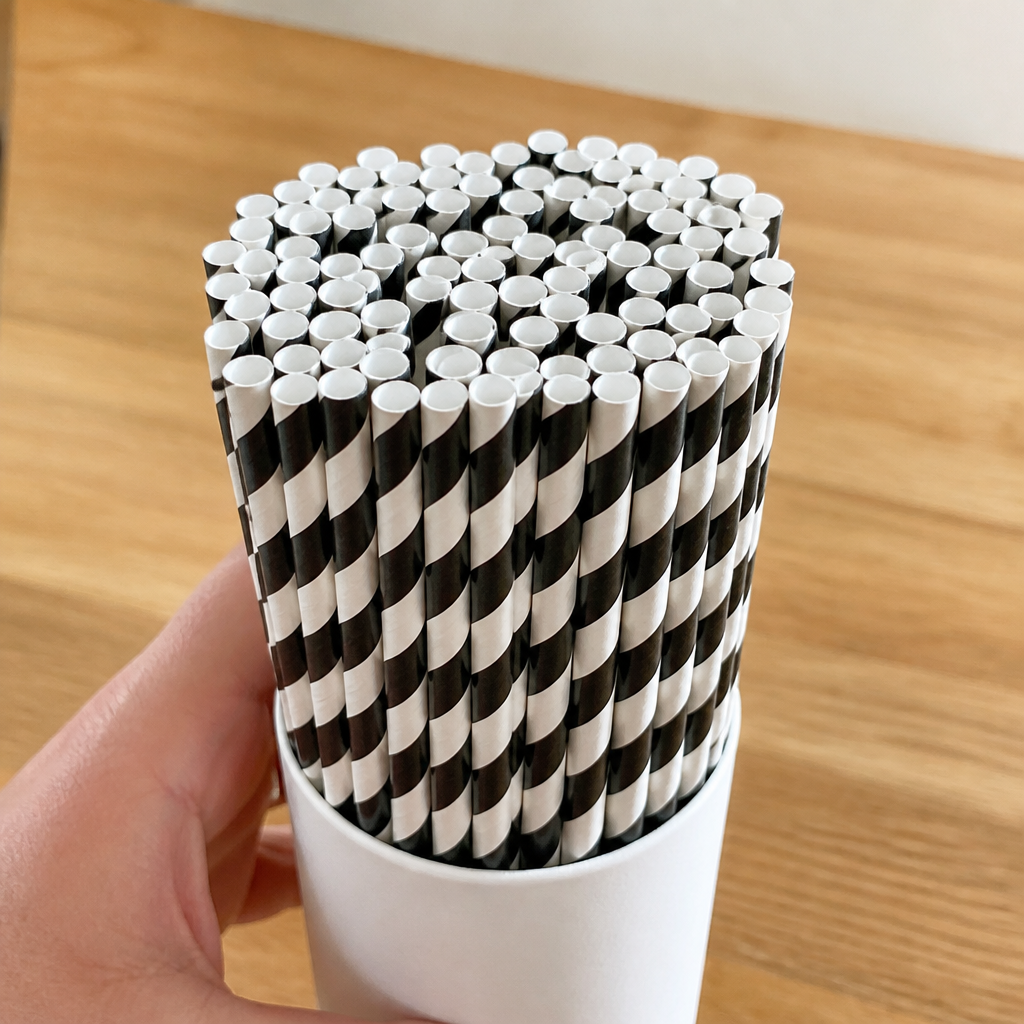 Biodegradable Paper Straws with Black Stripes in a 250 Pack