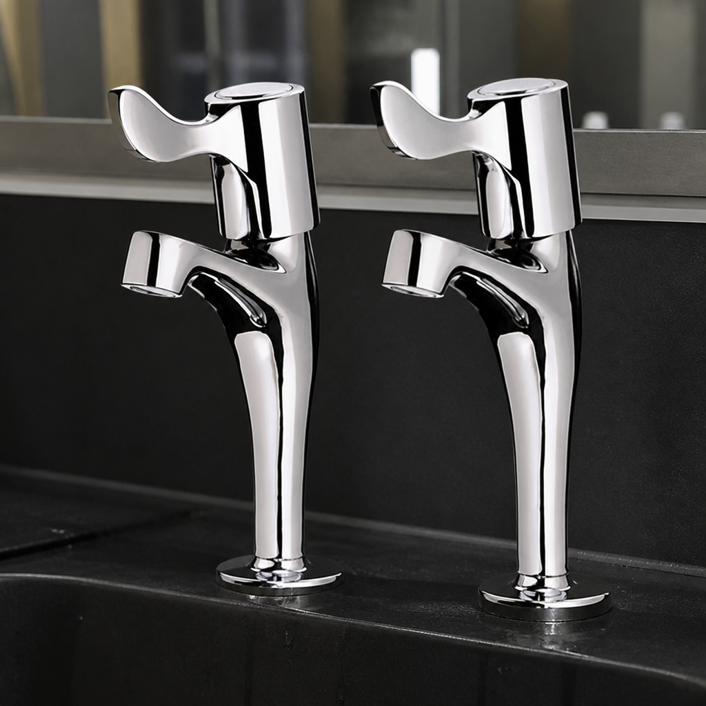 Commercial Basin Pillar Lever Taps 2 Pack in polished stainless steel