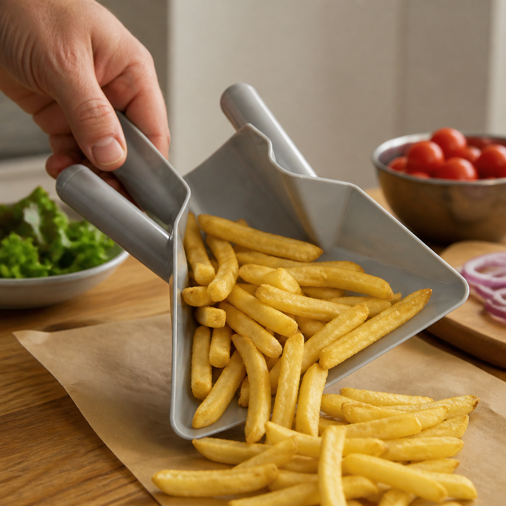 Commercial chip scoop with large opening for food preparation