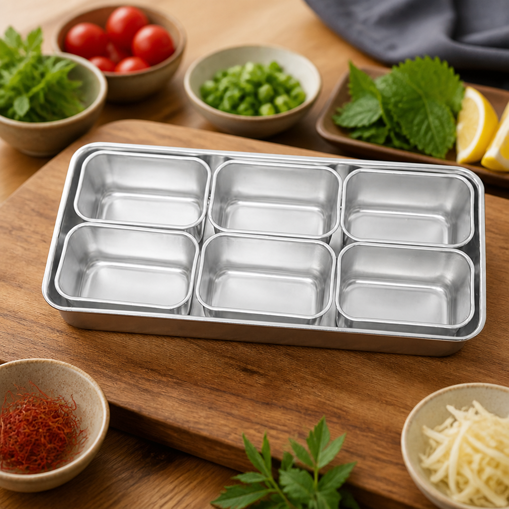 Commercial stainless steel condiment holder with 6 inserts
