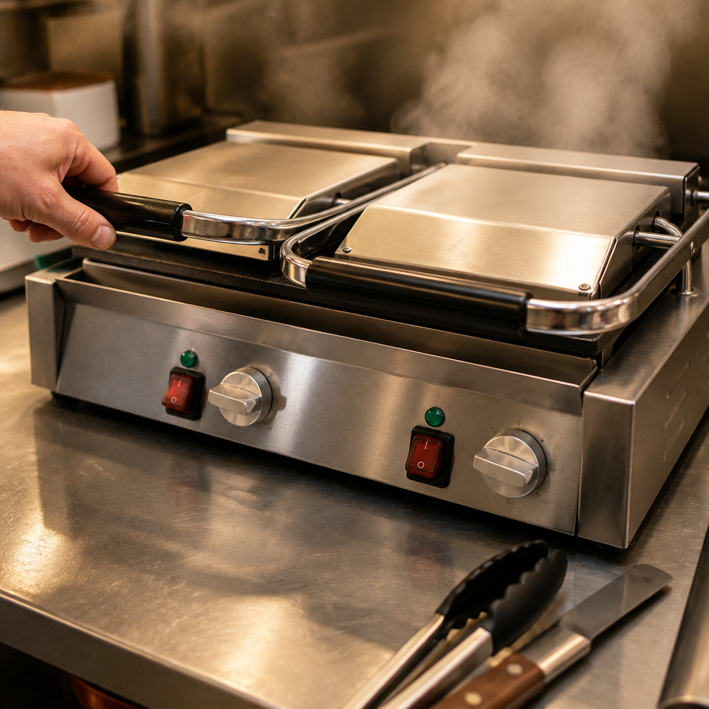 Commercial Double Contact Grill Flat Base Ribbed Top Plate