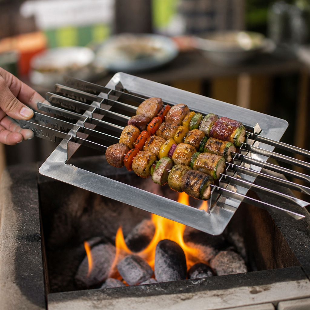 Commercial skewer rack with 6 skewers for grill cooking