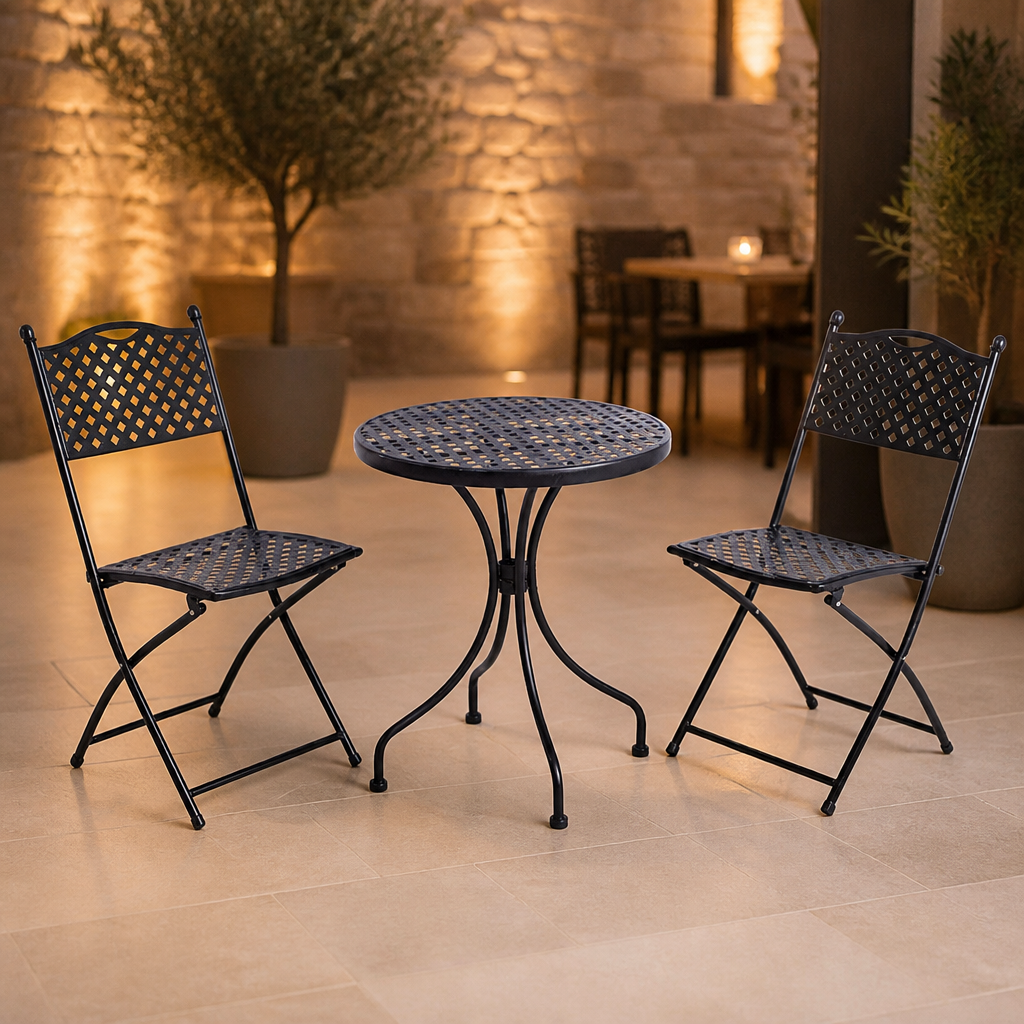 Commercial Bistro Set with round table and 2 folding chairs